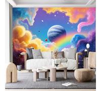 Custom Size Wall Murals, Striped Planet Celestial Bodies Stars Rainbow Self-Adhesive Wall Fabric (NO PVC) Removable Large Photo Wallpaper for Living Room, Bedroom, Office