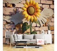 Custom Size Wall Murals,Sunflower on Rustic Brick Wall Vintage Art Botanical Nature Photography,SelfAdhesive Wall Fabric(NO PVC) Removable Large Wallpaper for Living Room,Bedroom