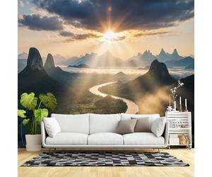 Custom Size Wall Murals,Sunrise Over Misty Mountain Valley River Scenic Landscape Nature View,SelfAdhesive Wall Fabric(NO PVC) Removable Large Wallpaper for Living Room