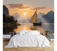 Custom Size Wall Murals,Sunrise Sunset Sailboat Snowy Mountain Lake Reflection Golden Sky Fluffy Clouds Self-Adhesive Wall Covering Fabric (NO PVC),Removable Wallpaper for Living Room Kids