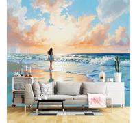 Custom Size Wall Murals,Sunset Beach Seascape Girl Walking on Shore Ocean Waves Reflection Art Painting,SelfAdhesive Wall Fabric(NO PVC) Wallpaper for Living Room