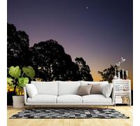 Custom Size Wall Murals,Sunset City Skyline Silhouette Oak Tree Twilight Sky Crescent Moon,Self-Adhesive Wall Fabric(NO PVC) Removable Wallpaper for Living Room,Bedroom