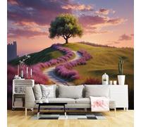 Custom Size Wall Murals,Sunset Hill Tree Path Purple Lavender Field Landscape Scenic Nature Artwork,SelfAdhesive Wall Fabric(NO PVC) Removable Large Wallpaper for Living Room,Bedroom
