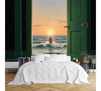 Custom Size Wall Murals,Surreal Green Doors Sunset Ocean Silhouette Figure - Open Door Dark Interior Light Brown Stone Tiles Self - Adhesive Wall Covering Fabric(NO PVC),Removable Wallpaper