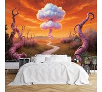 Custom Size Wall Murals,Surreal Sunset Mushroom - Cloud Landscape with Twisted Vines,Dead Trees & Orange Sky,Self-Adhesive Wall Covering Fabric(NO PVC),Removable Wallpaper for Living Room