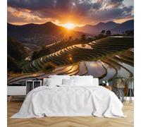 Custom Size Wall Murals,Terraced Rice Paddies Sunset Golden Glow Lush Green Fields Water Reflections Forested Mountains Valley Settlement,Self-Adhesive Removable Wallpaper for Living Room