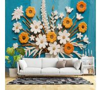 Custom Size Wall Murals,Textured Floral Vase Painting Daisy and Sunflower Bouquet on Teal Background,SelfAdhesive Wall Fabric(NO PVC) Removable Large Wallpaper for Living Room