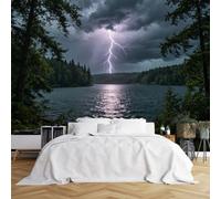 Custom Size Wall Murals Thunder Lightning Storm Forest Lake View HD Self-Adhesive Wall Fabric (NO PVC) Removable Wallpaper for Basement Game Room