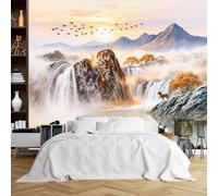 Custom Size Wall Murals,Traditional East Asian Landscape Fisherman Boat Deer Waterfall, Self - Adhesive Wall Covering Fabric (NO PVC), Removable Wallpaper for Living Room Bedroom Office Kids