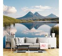 Custom Size Wall Murals,Tranquil Lake Mountain Reflection Serene Landscape Green Hills Cloudy Sky,SelfAdhesive Wall Fabric(NO PVC) Removable Large Wallpaper for Living Room