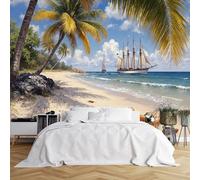 Custom Size Wall Murals,Tropical Beach Paradise Seashells Starfish Driftwood Palm Trees Sailing Ships,Self-Adhesive Wall Covering Fabric (NO PVC),Removable Wallpaper for Living Room Bedroom