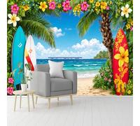 Custom Size Wall Murals, Tropical Beach Scene with Surfboards & Palm Fronds, Self-Adhesive Removable Wall Covering Fabric, Large Photo Wallpaper for Living Room Bedroom Kitchen Office Kids