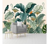 Custom Size Wall Murals, Tropical Foliage & Birds Illustration, Self-Adhesive Removable Wall Covering Fabric, Large Photo Wallpaper for Living Room Bedroom Kitchen Office Kids