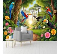 Custom Size Wall Murals, Tropical Jungle Scene with Colorful Birds & Flowers, Self-Adhesive Removable Wall Covering Fabric, Large Photo Wallpaper for Living Room Bedroom Kitchen Office Kids