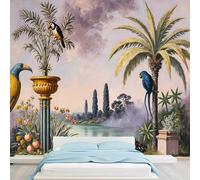 Custom Size Wall Murals Tropical Landscape Golden Urn Palm Tree Toucan Parrot Water Reflections Cypress Trees Purple Sky Removable Wallpaper Self-Adhesive Photo Bedroom Living Room