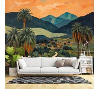 Custom Size Wall Murals,Tropical Palm Trees Sunset Valley Scenic Mountain Landscape Warm Sky Painting,SelfAdhesive Wall Fabric(NO PVC) Removable Large Wallpaper for Living Room