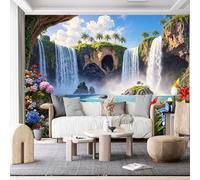 Custom Size Wall Murals,Tropical Waterfall & Green Cliffs & Clear Blue Cave & Turquoise Waters Self-Adhesive Wall Fabric (NO PVC) Removable Photo Wallpaper for Living Room, Bedroom,Office