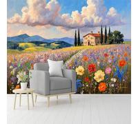Custom Size Wall Murals Tuscany Flower Field Farmhouse Rolling Hills View, Self-Adhesive Removable Peel and Stick Wallpaper, for Living Room, Bedroom, Shop, Office, Kids