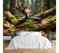 Custom Size Wall Murals Two Stag Beetles Fighting On Mossy Dead Log Full Wall Self-Adhesive Wall Fabric (NO PVC) Removable Wallpaper for Classroom Decor