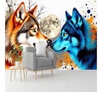 Custom Size Wall Murals， Two Wolves，Moonlight，Animal Portrait，Artistic Wallpaper，SelfAdhesive Removable Peel and Stick Wallpaper， for Living Room，Bedroom，Shop，Office，Kids