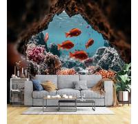 Custom Size Wall Murals Underwater Cave Orange Fish Wall Murals Coral Reef Ocean Wallpaper Full Wall Self-Adhesive Removable Wallpaper for Bathroom