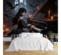 Custom Size Wall Murals Vampire Girl Playing Piano in Gothic Cathedral Wall Murals Dark Fantasy Scene Wallpaper Vivid Self-Adhesive Removable Wallpaper for Living Room