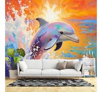 Custom Size Wall Murals,Vibrant Dolphin Jumping Ocean Wave Sunset Sky Impressionistic Art,SelfAdhesive Wall Fabric(NO PVC) Removable Large Wallpaper for Living Room,Bedroom,Office
