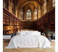 Custom Size Wall Murals Vintage Gothic Library Stained Glass Window Wall Covering Fabric Self-Adhesive Wall Fabric (NO PVC) Removable Wallpaper for Office Cafe