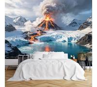Custom Size Wall Murals Volcanic Eruption Melting Glacier Into Turquoise Lake Wall Murals Fantasy Nature Scene Wallpaper Wall Covering Fabric Self-Adhesive Removable Wallpaper for Living Room