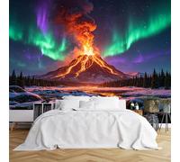 Custom Size Wall Murals Volcanic Eruption Under Northern Lights in Snowy Landscape Wall Murals Fantasy Nature Scene Wallpaper HD Self-Adhesive Removable Wallpaper for Home Decor
