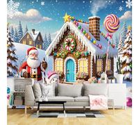 Custom Size Wall Murals,Whimsical Winter Christmas Scene with Gingerbread House & Santa Self-Adhesive Wall Fabric (NO PVC) Removable Large Photo Wallpaper for Living Room, Bedroom, Office