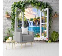 Custom Size Wall Murals, White Brick Wall & Arched Window & Turquoise River, Self-Adhesive Removable Wall Covering Fabric, Large Photo Wallpaper for Living Room Bedroom Kitchen Office Kids