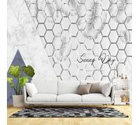 Custom Size Wall Murals, White Gray Marble Blue Triangle Hexagon Palm Leaf Pattern, Self-Adhesive (NO PVC) Removable Wallpaper for Living Room, Bedroom, Office