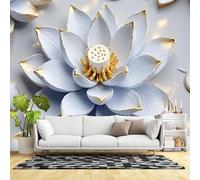 Custom Size Wall Murals,White Lotus Flower Golden Edge 3D Relief Art Elegant Floral Design,SelfAdhesive Wall Fabric(NO PVC) Removable Wallpaper for Living Room,Bedroom