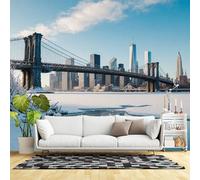 Custom Size Wall Murals,Winter City Skyline Bridge Over Frozen River Modern Urban Architecture Scenic View,SelfAdhesive Wall Fabric(NO PVC) Removable Large Wallpaper for Living Room