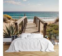Custom Size Wall Murals,Wooden Boardwalk to Sandy Beach with Turquoise Ocean Waves Partly Cloudy Sky Weathered Wood Railings,Self - Adhesive Wall Covering Fabric, Removable Wallpaper