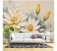 Custom Size Wall Murals,Yellow White Lotus Oil Painting Textured Floral Artwork Modern Botanical Bloom,SelfAdhesive Wall Fabric(NO PVC) Removable Large Wallpaper for Living Room