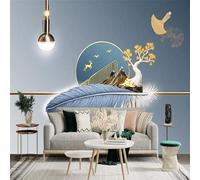 Custom Size Wall Sticker Mural， Abstract Art with Deer Feather Tree and Mountain Design， for wall Decoration， peelandstick wall Decals.