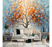Custom Size Wall Sticker Mural， Abstract Autumn Tree with Colorful Leaves and Misty Forest， for wall Decoration， peelandstick wall Decals.