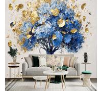 Custom Size Wall Sticker Mural， Abstract Blue Tree with Golden Leaves， Modern Textured Oil Painting Style， for wall Decoration， peelandstick wall Decals.