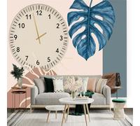 Custom Size Wall Sticker Mural， Abstract Clock， Blue Monstera Leaf， Yellow Circle and Rock， for wall Decoration， peelandstick wall Decals.