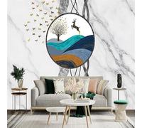 Custom Size Wall Sticker Mural， Abstract Deer with Tree and Flying Birds on Marble Background， for wall Decoration， peelandstick wall Decals.