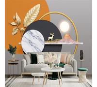 Custom Size Wall Sticker Mural， Abstract Geometric Art with Golden Deer， Mountain， Sun and Marble Texture， for wall Decoration， peelandstick wall Decals.