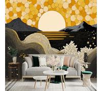 Custom Size Wall Sticker Mural， Abstract Golden Sunset Over Dark Ocean Waves， Minimalist Geometric Mountains， Artistic Line Art Landscape， for wall Decoration， peelandstick wall Decals.