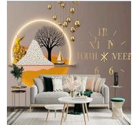 Custom Size Wall Sticker Mural， Abstract Golden Tree with Mountain and Sailboat Art Clock Design， for wall Decoration， peelandstick wall Decals.