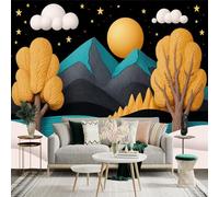 Custom Size Wall Sticker Mural， Abstract Mountain Landscape with Golden Trees and Moonlit Sky， for wall Decoration， peelandstick wall Decals.