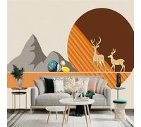 Custom Size Wall Sticker Mural， Abstract Mountains， Deer， and Globe， for wall Decoration， peelandstick wall Decals.