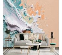 Custom Size Wall Sticker Mural， Abstract Ocean Wave Texture with Cream and Teal Paint Splash Art， for wall Decoration， peelandstick wall Decals.