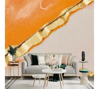 Custom Size Wall Sticker Mural， Abstract Orange and Gold Texture Art with Metallic Wave Pattern， for wall Decoration， peelandstick wall Decals.
