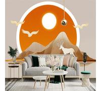 Custom Size Wall Sticker Mural， Abstract Sun and Mountain with White Deer and Flying Birds， for wall Decoration， peelandstick wall Decals.